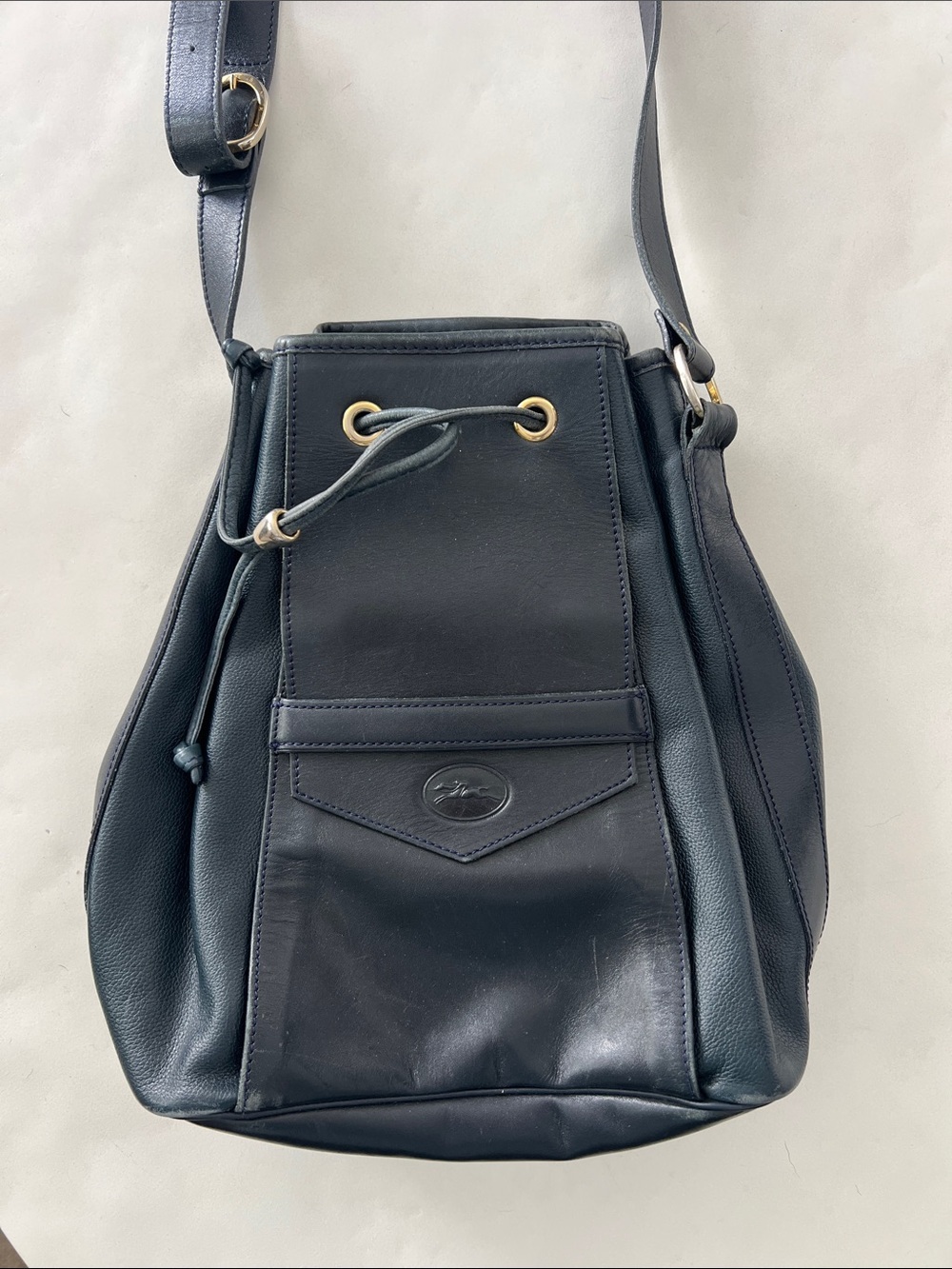 Longchamp Vintage Dark Blue Leather Single Strap Crossbody Bucket Shoulder Bag - Picture 5 of 8